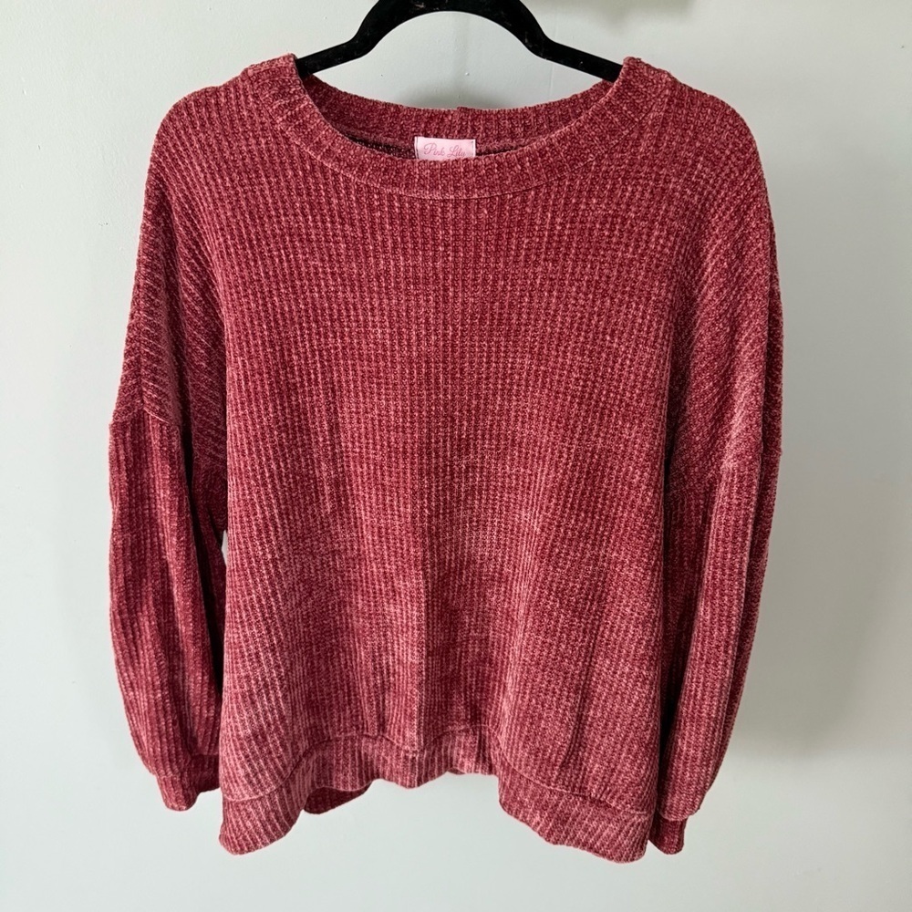 Pink Lily Maroon Chenille Knit Crew Neck SweaterSize Medium